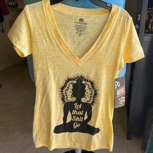 Brand new with Tags Namaste Yoga burnout, yellow V-neck shirt ‘let that shit go’